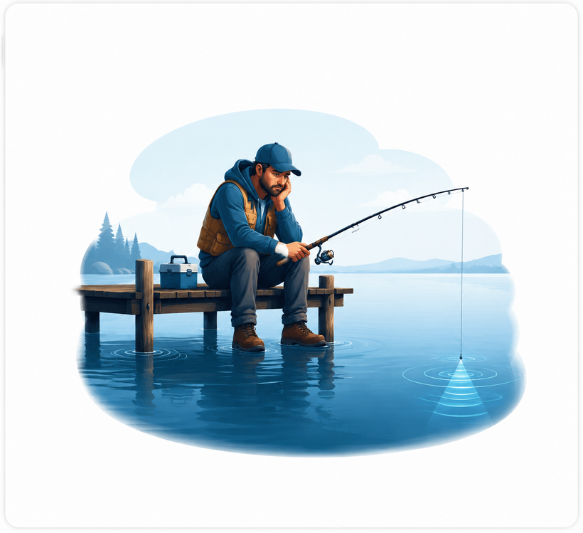 An angler waiting beside empty water
